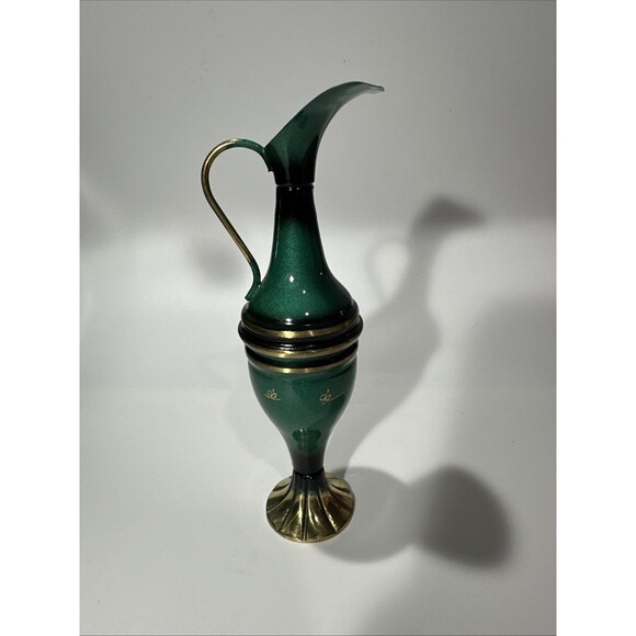 Vintage Green Brass & Enamel Ewer Pitcher – Hand Painted – Israel 6.5” - Picture 3 of 7